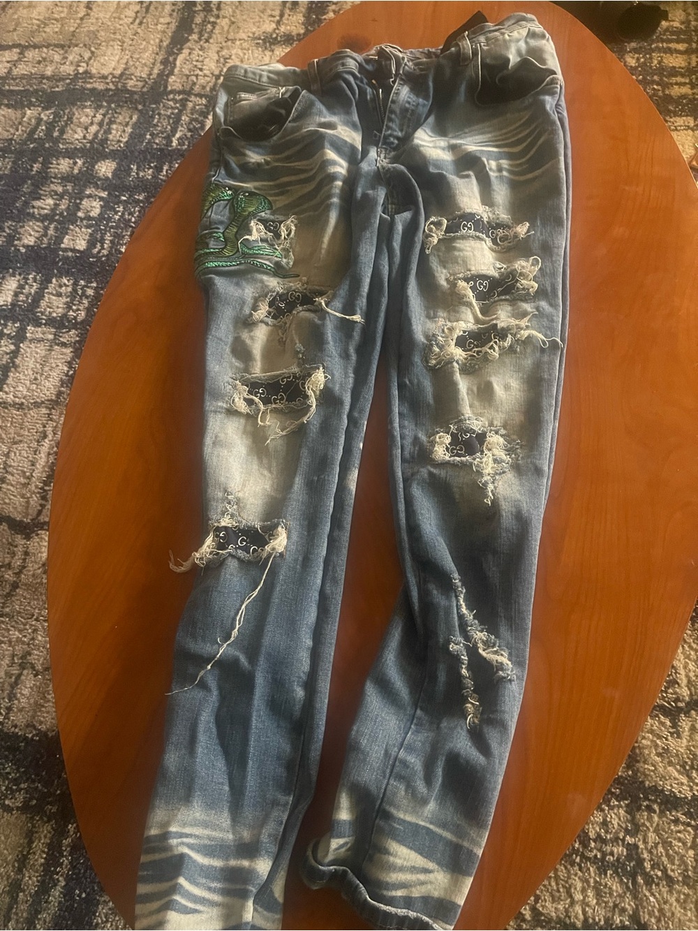 AMIRI Blue Washed Slim Distressed Jeans with Green Embroidered Patch